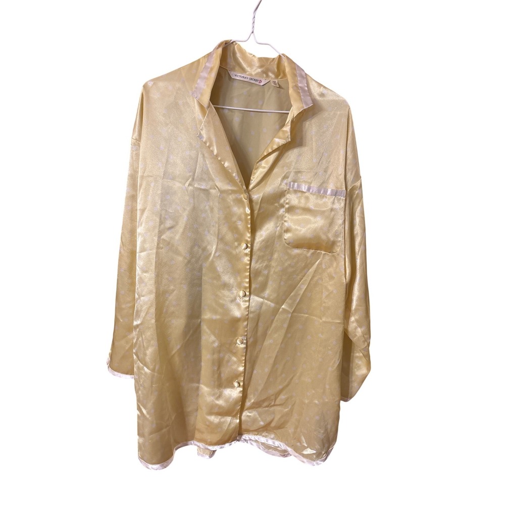 Victoria's Secret Yellow Polka Dot Satin Pajama Sleep Shirt Medium Button Down